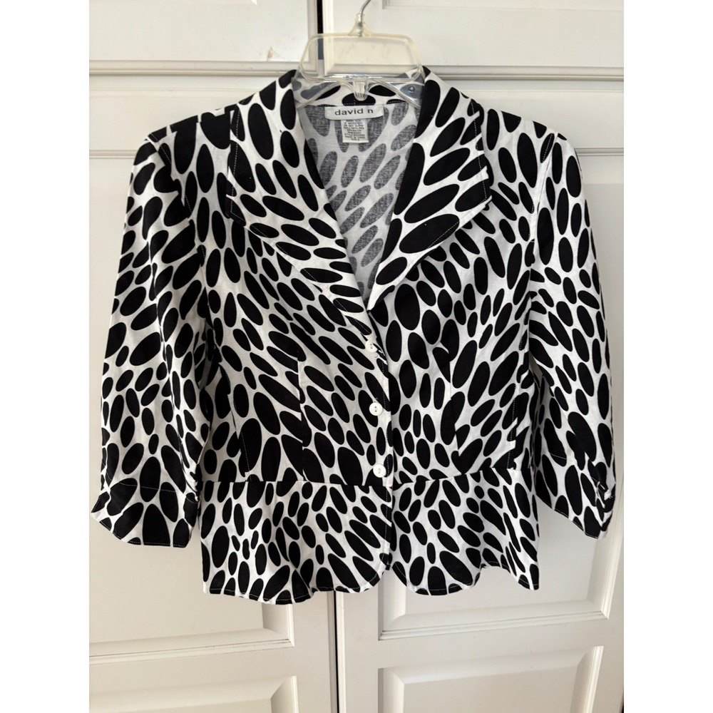 David‎ N Womens Black White Polka Dot Linen Blend Peplum Blazer Jacket Size S